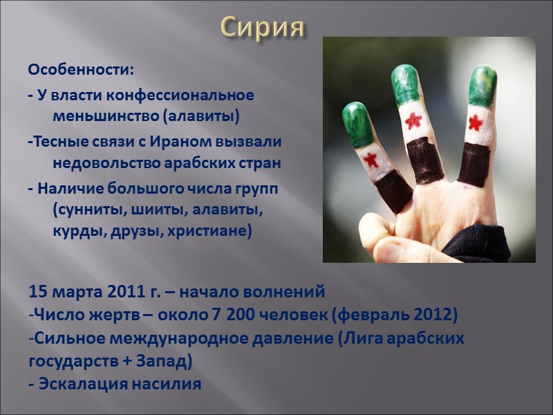 Сирия Особенности: - У власти конфессиональное меньшинство (алавиты) -Тесные связи с Ираном вызвали недовольство